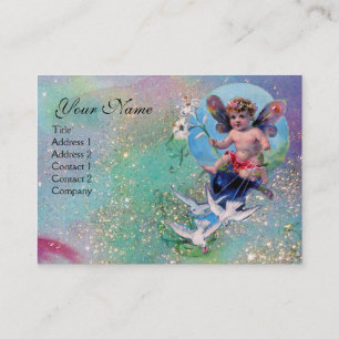 BABY FAIRY WITH DOVES IN SPARKLES green pearl Business Card