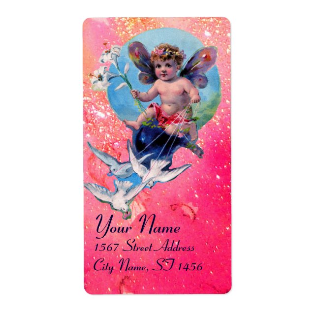BABY FAIRY WITH DOVES IN SPARKLES ,pink blue (Front)