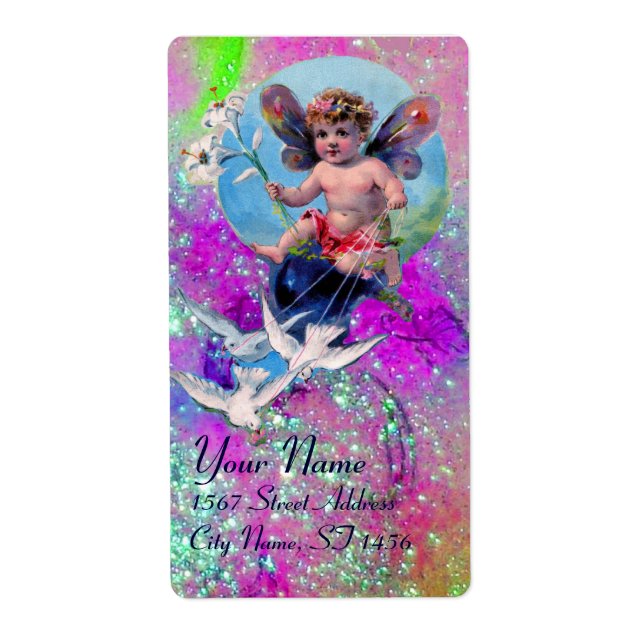 BABY FAIRY WITH DOVES IN SPARKLES pink violet gold (Front)