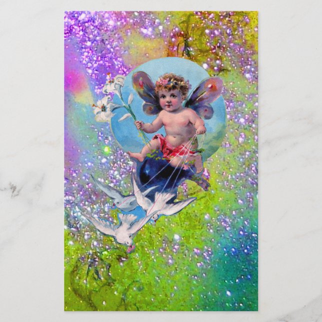 BABY FAIRY WITH DOVES IN SPARKLES purple green Stationery (Front)
