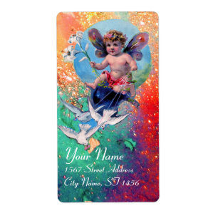 BABY FAIRY WITH DOVES IN SPARKLES red ,pink green