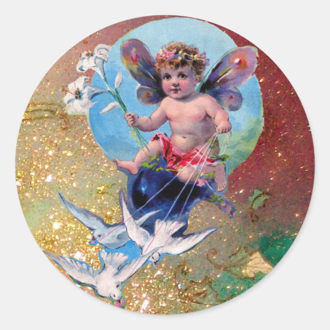 BABY FAIRY WITH DOVES IN SPARKLES yellow brown Classic Round Sticker (Front)