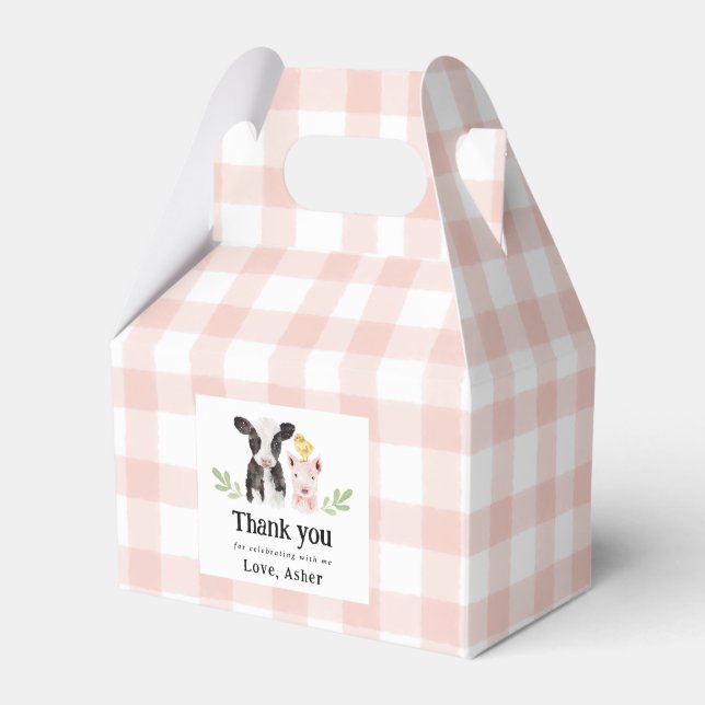 Baby Farm Animals Pink Gingham Favor Box (Front Side)