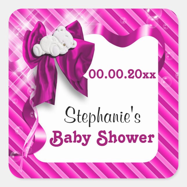 Baby favours announcement pink bear square sticker (Front)