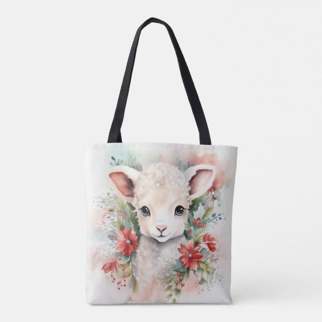 Baby Fawn & Christmas Cute Lamb Double Sided Tote Bag (Back)