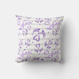 Baby Feet and Hearts in purple glitter Throw Pillow