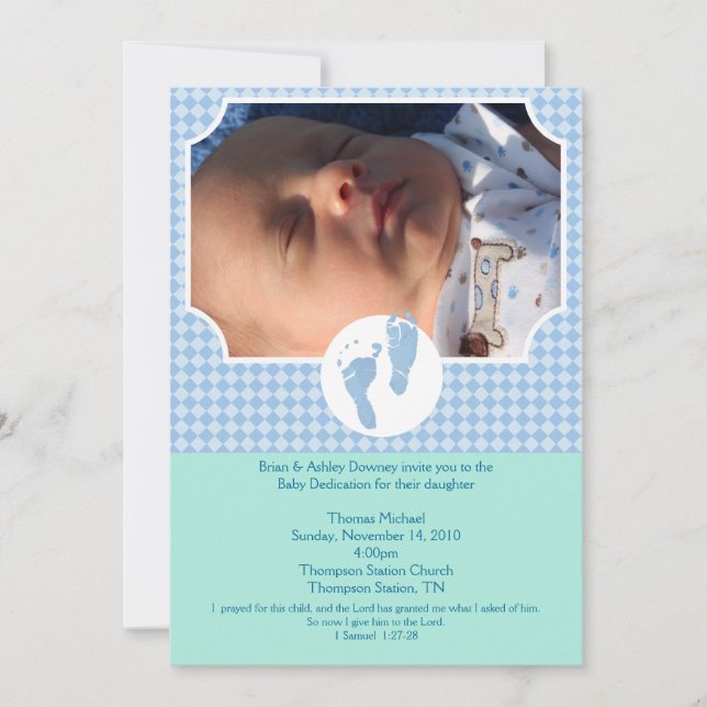 Baby Feet Blue Baptism Dedication 5x7 photo Invitation (Front)