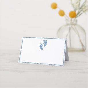 Baby Feet Blue Glitter Glam Baby Shower Place Card