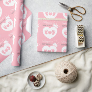 Baby Feet Heart Baby Princess Shower Pink White Wrapping Paper
