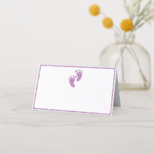 Baby Feet Purple Glitter Glam Baby Shower Place Card