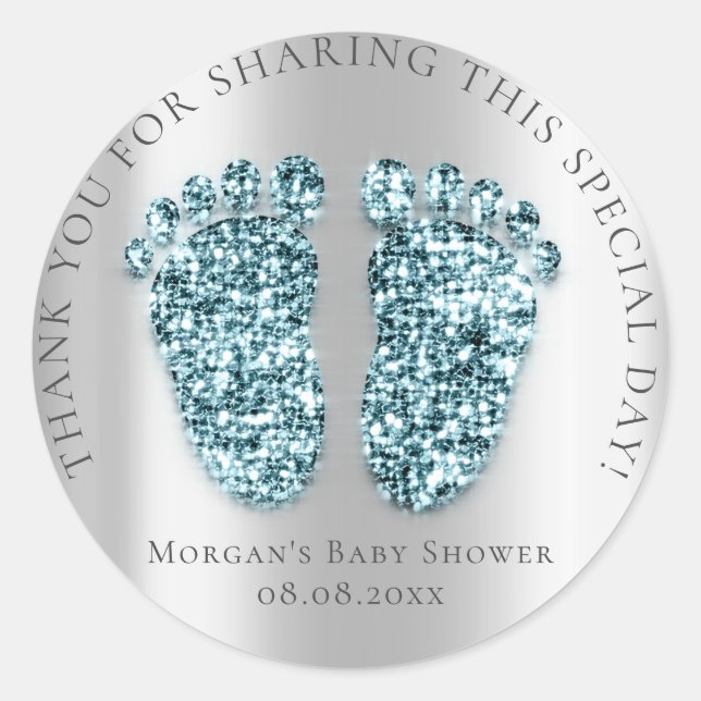 Baby Feet Shower Favour Thank Glitter Teal Silver Classic Round Sticker (Front)