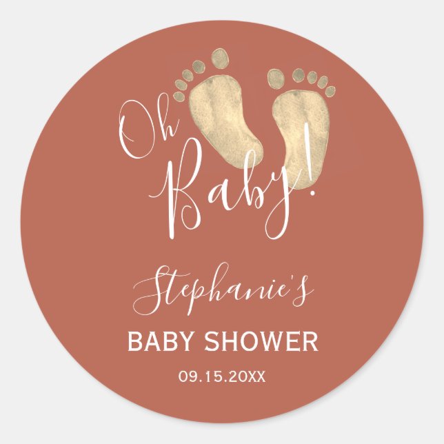 Baby Feet Terracotta Baby Shower Classic Round Sticker (Front)