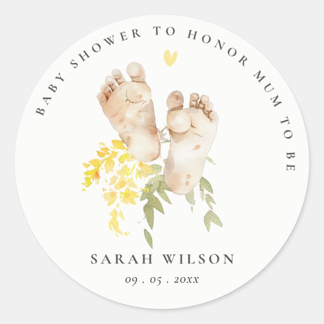Baby Feet Yellow Floral Gender Neutral Baby Shower Classic Round Sticker (Front)