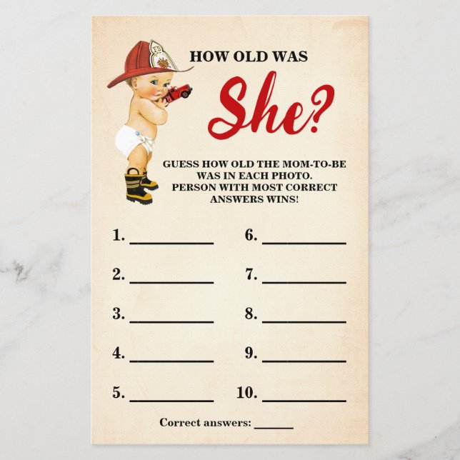 Baby Firefighter How old Mom Baby Shower Game Card (Front)