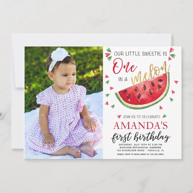 Baby first birthday melon photo card (Front)