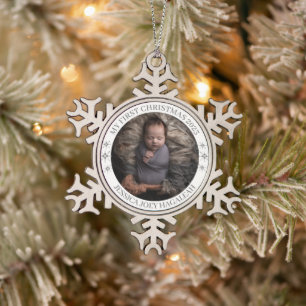 Baby First Christmas 2026 Photo Snowflake Snowflake Pewter Christmas Ornament