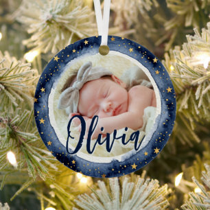 Baby First Christmas Birth Stats Photo Stars Metal Ornament