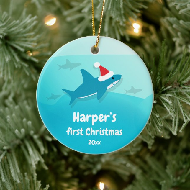 Baby First Christmas Blue Shark Ceramic Ornament (Tree)