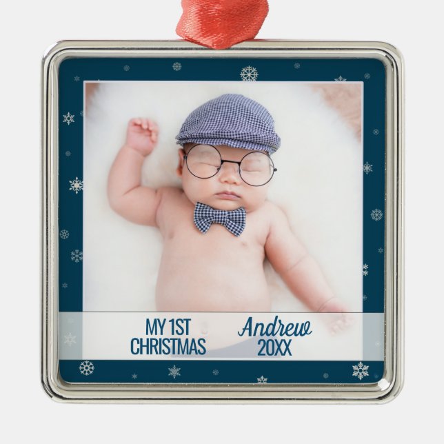 Baby first Christmas blue with photo snowflakes Metal Ornament (Front)