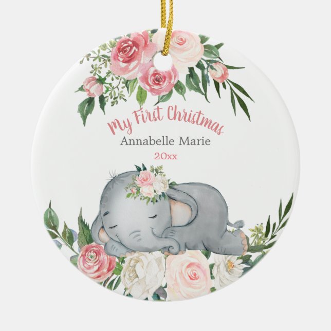 Baby First Christmas Blush Rose Elephant  Ceramic Ornament (Front)