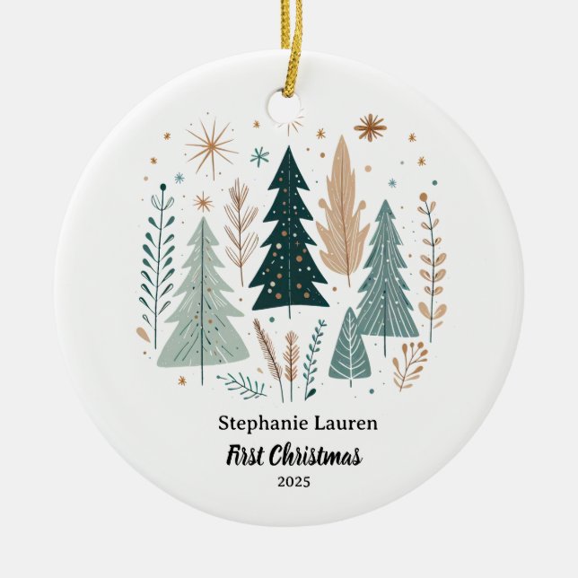 Baby First Christmas Boho Trees Photo Birth Stats Ceramic Ornament (Front)