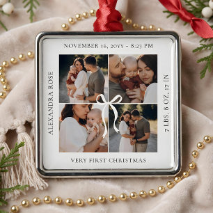 Baby First Christmas Bow Photo Collage Birth Stats Metal Ornament