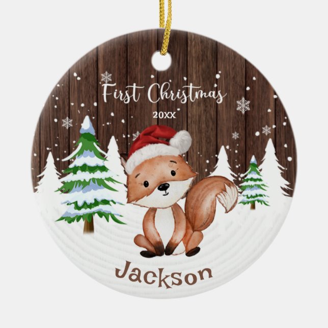 Baby First Christmas Boy's Fox Personalized Ceramic Ornament (Front)