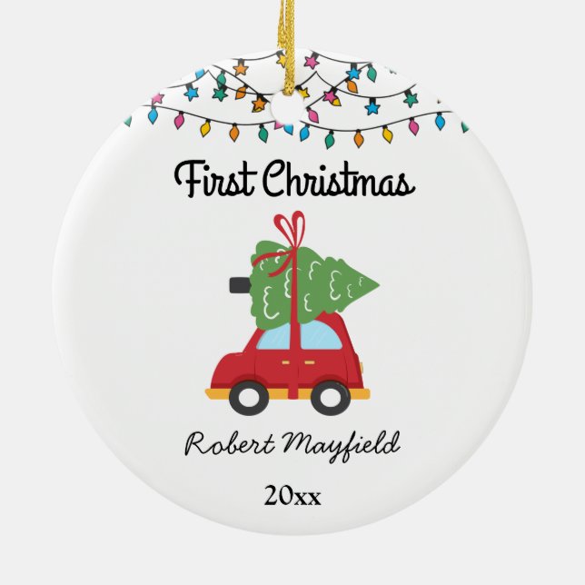 Baby First Christmas Car and christmas tree 2022 Ceramic Ornament (Back)