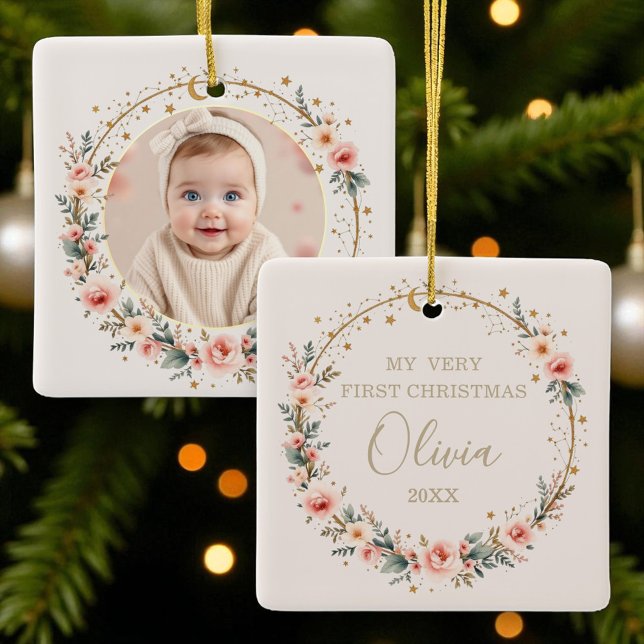Baby First Christmas Celestial Stars Moon Photo Ceramic Ornament (Creator Uploaded)