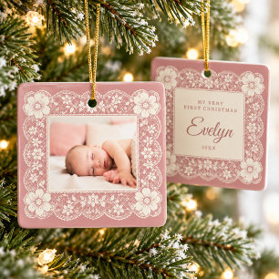 Baby First Christmas Cream Lace Dusty Rose  Ceramic Ornament