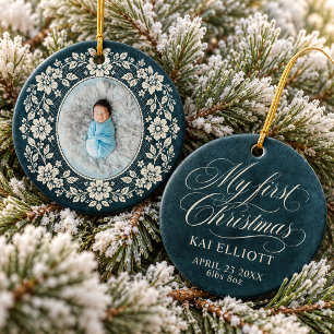 Baby First Christmas Cream Lace Navy Blue  Ceramic Ornament