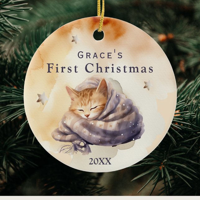 Baby First Christmas Custom Name Cat Kitty Photo Ceramic Ornament (Creator Uploaded)