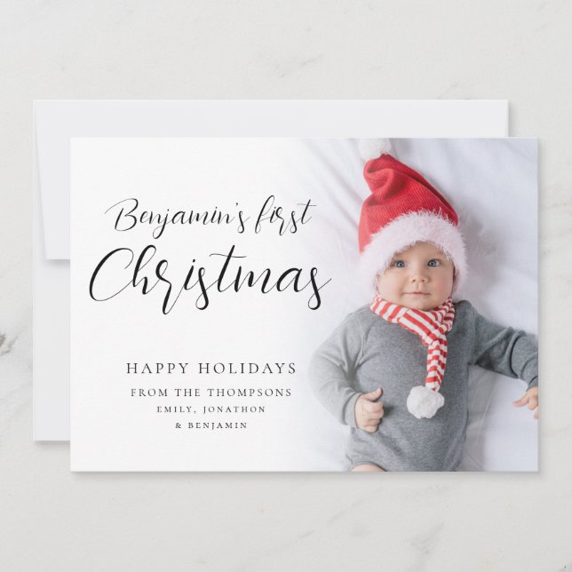 Baby First Christmas Custom Photo Calligraphy  Hol Holiday Card (Front)