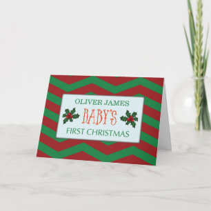 Baby First Christmas Customize Name on Red Green  Card