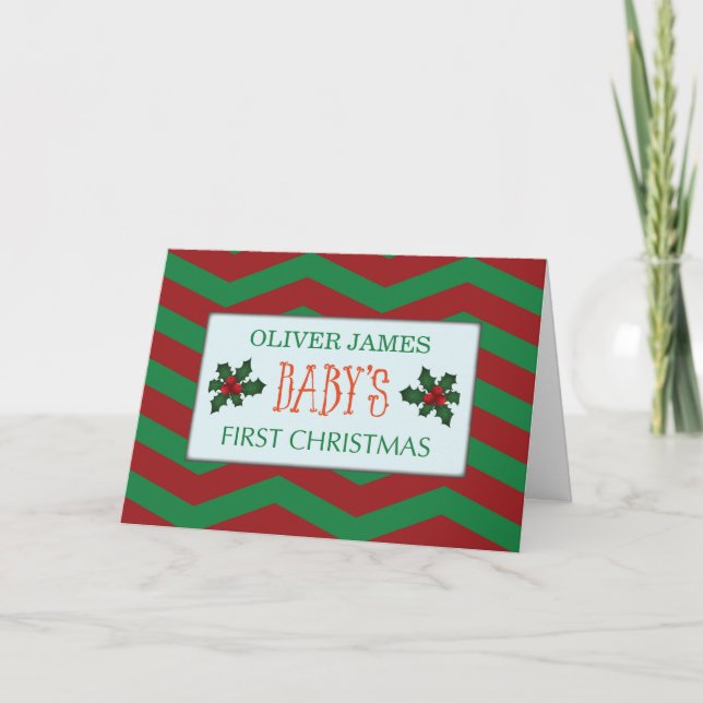 Baby First Christmas Customize Name on Red Green  Card (Front)