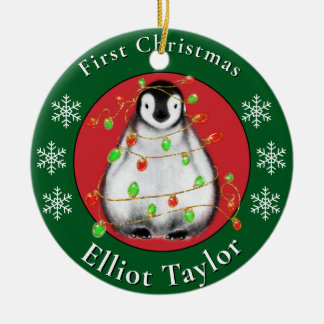 Baby first Christmas cute penquin personalize Ceramic Ornament