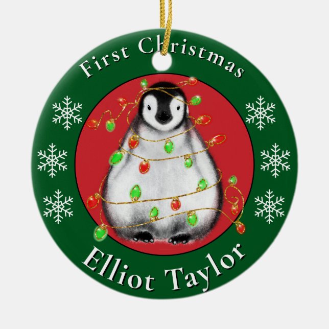 Baby first Christmas cute penquin personalize Ceramic Ornament (Front)