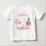 Baby First Christmas - Cute Snowman and Snowflakes Baby T-Shirt<br><div class="desc">Personalized First Christmas T-Shirt with cute snowman and candy cane typography. The wording reads "[your name's] first Christmas" and the template is set up for you to add baby's name. The design features a cartoon snowman with beautifully gift wrapped xmas presents, snowflakes and stars. Lovely top for Baby's 1st Christmas...</div>