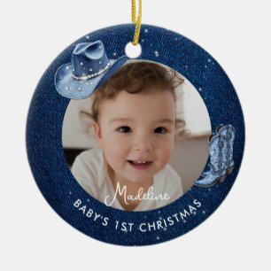 Baby First Christmas Denim Diamonds Rustic Cowgirl Ceramic Ornament