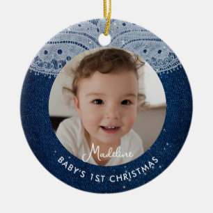 Baby First Christmas Denim Diamonds Rustic Lace Ceramic Ornament