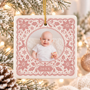 Baby First Christmas Dusty Rose Lace Square Photo Ceramic Ornament