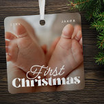 Baby First Christmas Elegant Modern Custom Photo Metal Ornament<br><div class="desc">Design is composed of modern chic typography with sans serif and serif font. Add a custom photo of baby and year.</div>