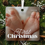 Baby First Christmas Elegant Modern Custom Photo Metal Ornament<br><div class="desc">Design is composed of modern chic typography with sans serif and serif font. Add a custom photo of baby and year.</div>