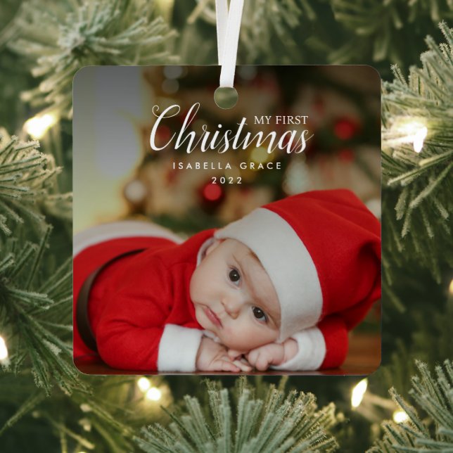 Baby First Christmas Elegant Modern Photo Keepsake Metal Ornament (Insitu)
