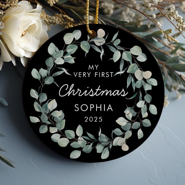 Baby First Christmas Eucalyptus Wreath Black Ceramic Ornament (Creator Uploaded)