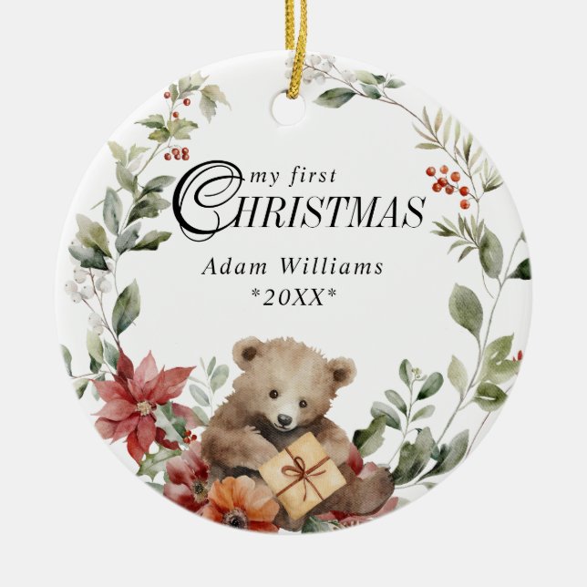 Baby First Christmas Floral Personalized Photo Ceramic Ornament (Front)