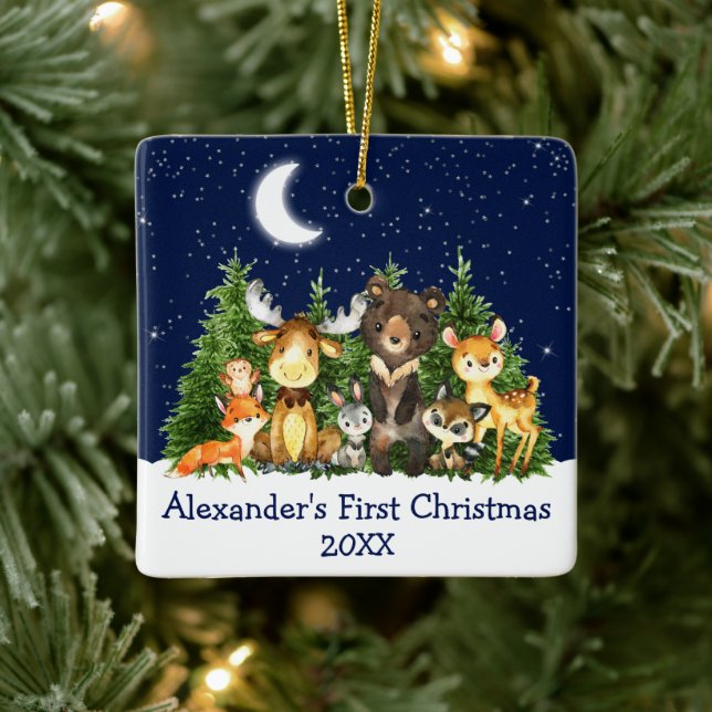 Baby First Christmas Forest Animals Blue Ceramic Ornament (Tree)
