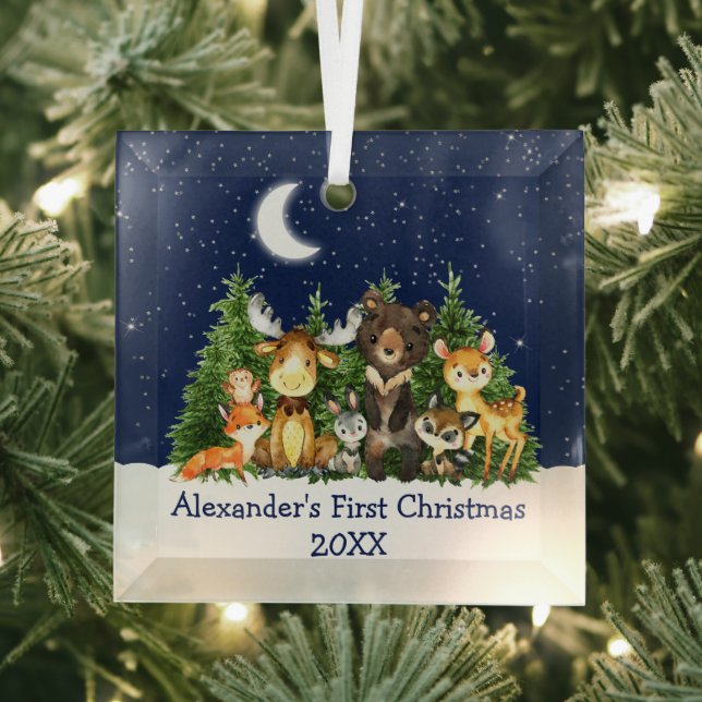 Baby First Christmas Forest Animals Blue Glass Ornament (Insitu)
