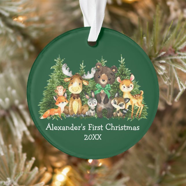 Baby First Christmas Forest Animals Green Bow Ornament (Tree)