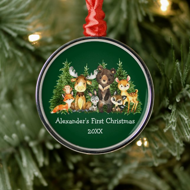 Baby First Christmas Forest Animals Green Round Metal Ornament (Tree)